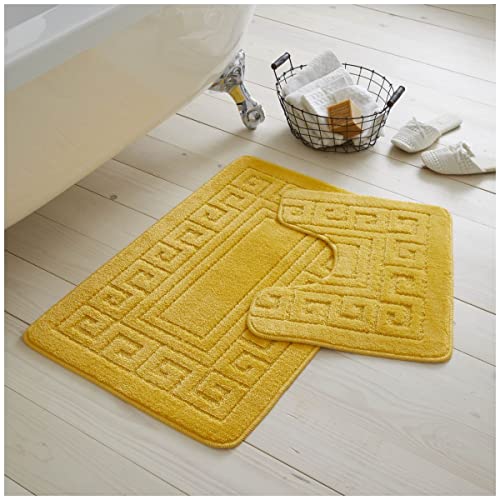 Gaveno Cavailia Ultra Plush 2 Piece Greek Bath Mat Anti Slip Pedestal Set, Extra Absorbent 100% Polypropylene Bathroom Toilet Rug, Regular (50x80, 50x40 cm), Ochre, Ocher
