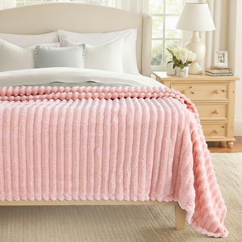 decorUhome Pink Fleece King Blanket 108x90 Inches - Soft Fleece Bed Cozy Fluffy Plush Flannel Large Striped Throws for Couch Sofa, Decorative Fuzzy Blanket for Woman