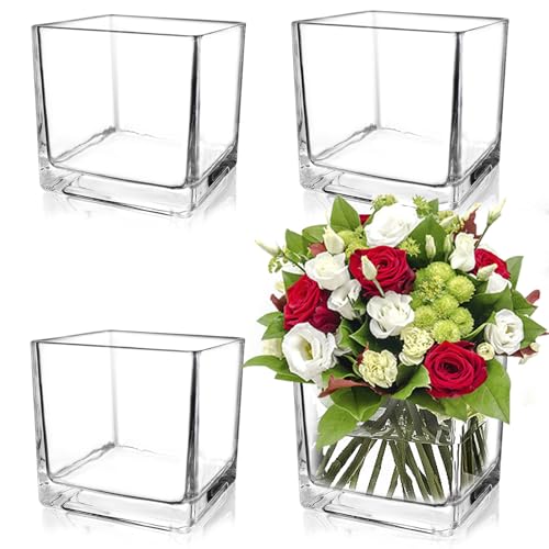 "UrSpeedtekLive Set of 4 Square Glass Vases 5"" x5"" x 5"", Clear Cube Flower Vases for Wedding Centerpieces, Candle Holders for Home Decor Party Events Ceremony"