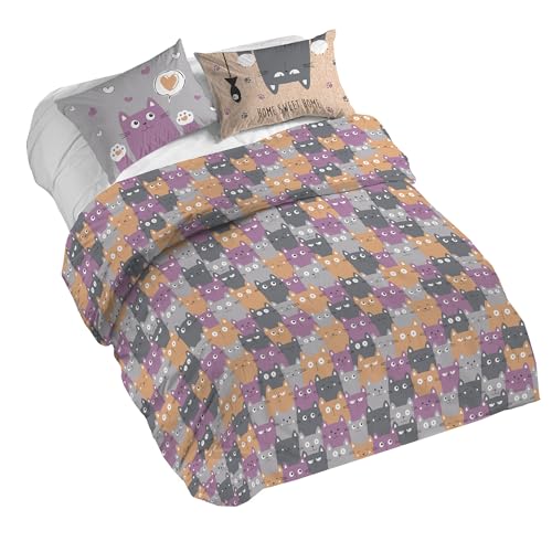PENSIERI DELICATI Double Duvet Cover Set, 100% Cotton, Complete with 250 x 200 cm Bag and 2 Pillowcases 52 x 82 cm, Made in Italy, Duvet Cover Machine Washable At 40 Degrees, Happycat Orange Pattern