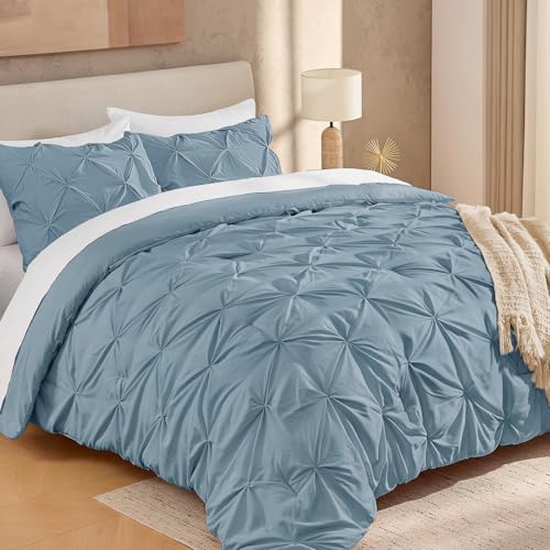 "Andency Queen Pinch Pleat Grayish Blue Comforter Set 3 Piece Bedding - Lightweight Comforter with 2 Pillow Shams,90""x90"", Pintuck Fluffy, All Season Use, Boho Cute Style for Bedroom"