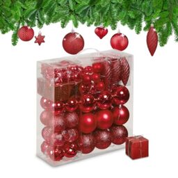 Relaxdays Christmas Bauble Set of 110, Glittery, Matt & Shiny Ornaments, Plastic Xmas Tree Balls, HxD: 9 x 8 cm, Red