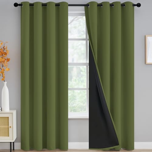 Yakamok 100% Blackout Curtains for Bedroom 72 Inch Length, Total Light Blocking Drapes with Black Backing, Thermal Insulated Solid Grommet Panels for Living Room, 2 Panel, 52Wx84L, Olive Green