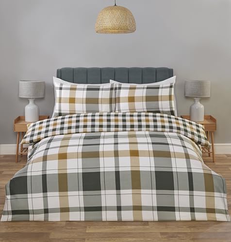 Rapport Home Double Size Tartan Braemar Check Duvet Cover Set - Soft Microfibre Green Bedding with 2 Pillowcases – Classic Scottish Style Bed Linen 200x200 cm