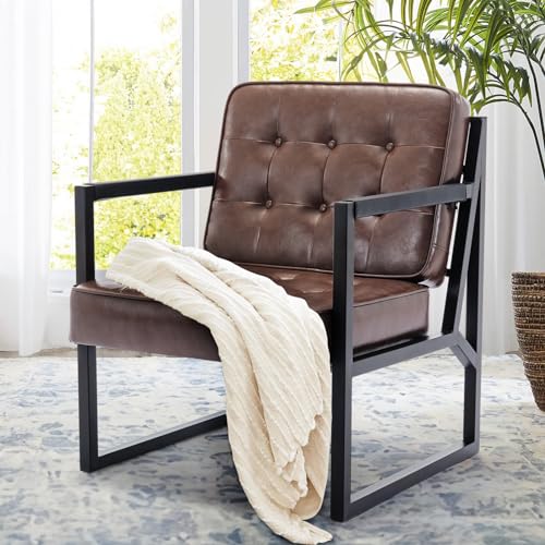 COLAMY Mid Century Modern Accent Chair Set of 1, Comfy Living Room Armchair with Metal Legs, Faux Leather Reception Arm Chair for Living Room Bedroom Reception Office, Brown
