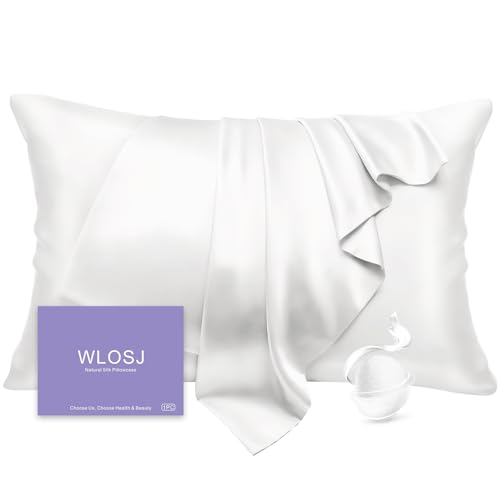 WLOSJ 100% Silk Pillow Cases Queen Size Mulberry Silk Pillowcase for Hair and Skin 22 Momme Highest Grade 6A Silk Cooling Soft Smooth with Zipper 20 x 30 Inches 1PC, White