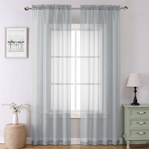 "Lecloud Light Grey Sheer Curtains 90 Inches Long 2 Panels, Light Filtering Voile Airy Curtains, Elegant Transparent Solid Window Treatments with Rod Pocket for Living Room Bedroom, Each 42"" W x 90"" L"