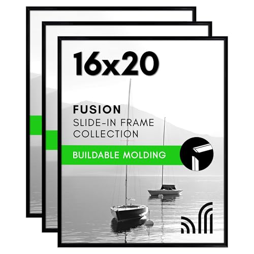 Americanflat 16x20 Picture Frame with Polished Front Cover - Set of 3 - Slide-In Photo Frame with Buildable Molding - Fusion Collection - Picture Frames for Wall Display - Black