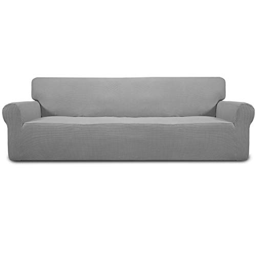 Easy-Going Stretch 4 Seater Sofa Slipcover 1-Piece Sofa Cover Furniture Protector Couch Soft with Elastic Bottom for Kids,Polyester Spandex Jacquard Fabric Small Checks (XX Large,Light Gray)