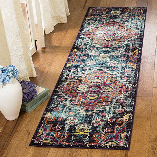 Safavieh Boho Chic Indoor Woven Runner Area Rug, Monaco Collection, MNC252, in Blue / Fuchsia, 66 X 244 cm for Living Room, Bedroom or Any Indoor Space