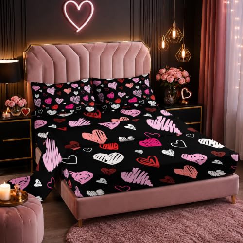 "Nttopship Kawaii Cartoon Heart 4 Pieces Bed Sheet Sets Twin Size Valentines Day Bedding Sets with 16"" Deep Pockets Heart Bedroom Decor,Bedding Set 4 PCS(1 Fitted+1 Flat+2 Pillowcases)"