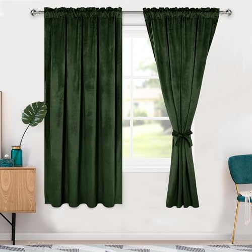 Hiasan Velvet Curtains 63 inches-Blackout Thermal Insulated Solid Soft Curtains for Bedroom Living Room Rod Pocket Room Darkening 2 Panels Window Drapes with Tiebacks, 52W x 63L, Olive Green