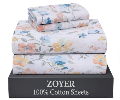 "ZOYER 100% Cotton Sheets ??? King Size Percale Bedding, Cooling & Breathable, Durable with a Crisp, Soft & Comfortable Feel, 16"" Deep Pocket, 4-Piece Set, Summer Spring"