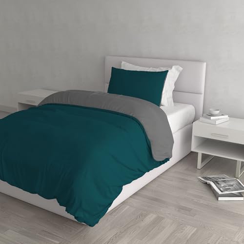 Natural Colour Duvet Cover Set, Petrol green/Smoky gray, Single