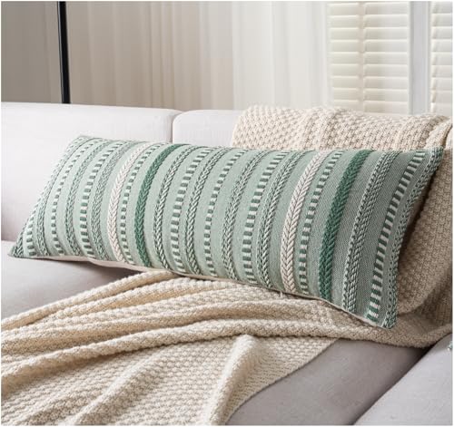 Cethom Boho Lumbar Pillow Covers 14x36 Long, Farmhouse Decorative Couch Pillow Cases, Light Green Accent Pillows of Bed, Sofa Bedroom Living Room Home Decor Cushion Cover, Pack of 1
