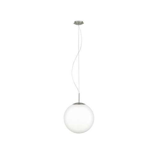 Eglo Pendant Lighting Piedale Pro, Globe Hanging lamp for Dining Table, Ceiling Light Fitting Living Room, Silver Coloured Metal and Satin White Glass, E27 Socket, Ø 35 cm