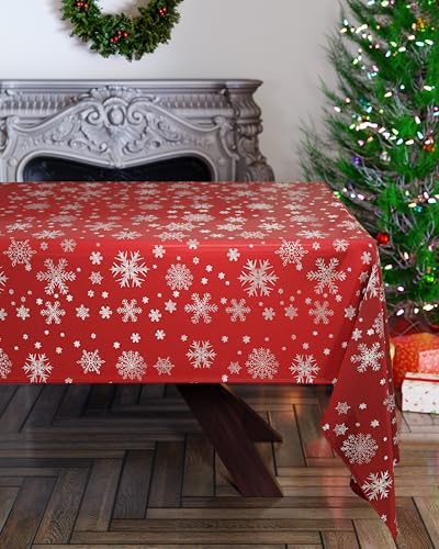 Emma Barclay Christmas Table Cloth, Rectangular Machine Washable Xmas Dining Tablecloth in Red with Silver Snowflake Design - 70x108 (178x274cm)