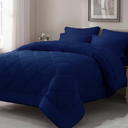 ELNIDO QUEEN?? Full Size Comforter Set - 7 Pieces Navy Bed in a Bag Full, Bed Set All Seasons, Soft Bedding Sets with Dark Blue Comforter, Flat Sheet, Fitted Sheet, Pillowcases and Pillow Shams