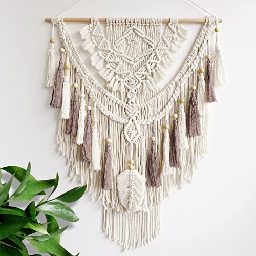 lokeisna Macrame Wall Hanging, Woven Tapestry Beige & Dusty Rose Handmade Craft Macrame Wall Decor, Gallery & Nursery, Size 37.4” Lx27.5” W