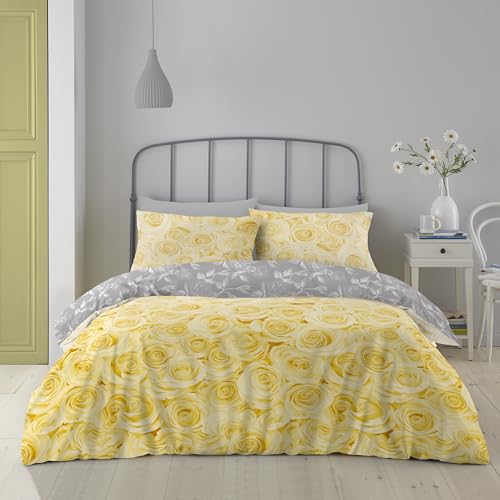 GC GAVENO CAVAILIA Flowers Duvet Cover Set, Reversible Super King Bedding Sets, Polycotton Rose Bed Covers, Ochre