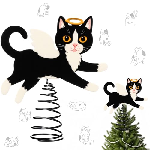 Soulchen Christmas Tree Topper Black Angel Cat Metal Treetop Topper with Wings for Xmas Holiday Decoration