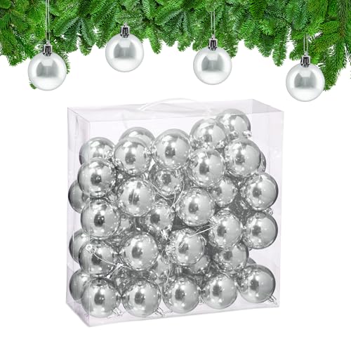 Relaxdays Christmas Baubles, Set of 50, Festive Tree Ornaments, D: 6 cm, Holiday Decorations, Plastic, Shiny, Silver