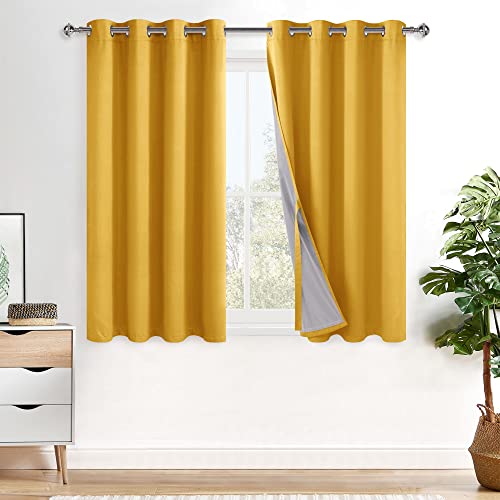 XWZO 100% Blackout Curtains 54 Inches Long with Tiebacks- Soundproof & Energy Efficiency Window Draperies Grommet Top with Black Liner for Bedroom/Living Room, Yellow, W52 x L54, Set of 2