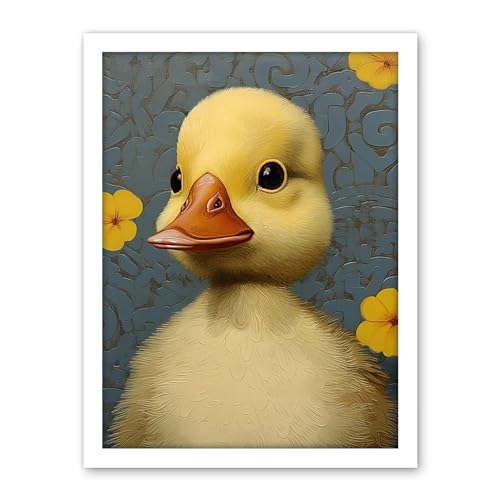 Artery8 Duckling with Flowers Oil Painting Kids Bedroom Baby Nursery Duck Artwork Framed Wall Art Print 18X24 Inch
