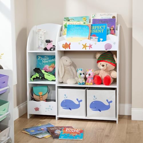 Home Source Children’s Storage Unit with 7 Shelves & 2 Fabric Drawers – Kids’ Bookcase & Toy Organiser – Sealife Animal Design