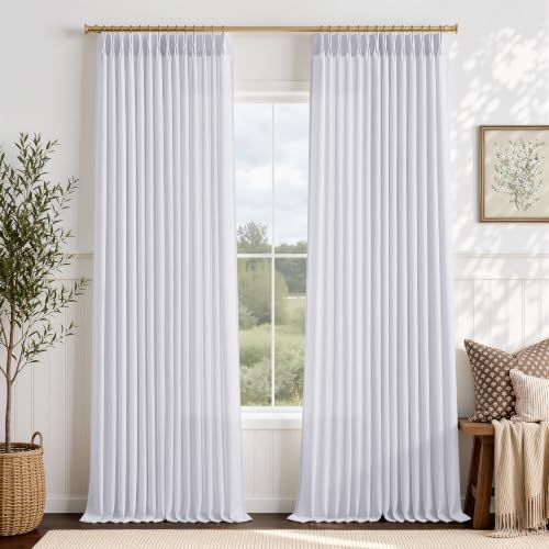 White Linen Curtains 90 Inch Long for Living Room, Pinch Pleated Drapes with Hooks for Track System Back Tab Linen Blend Semi Sheer Boho Window Curtains for Bedroom Aesthetic 90 Inches Length 2 Panels