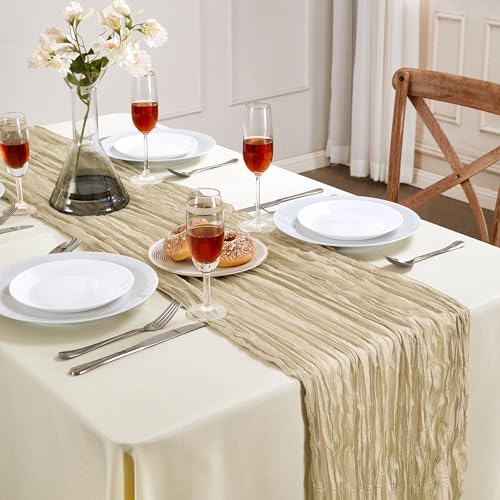 AGIRL Beige Cheesecloth Table Runner 10FT Boho Gauze Table Runner 35x120 Inch Long Rustic Sheer Runner for Wedding Bridal Baby Shower Birthday Party Table Decor Thanksgiving Christmas Decorations