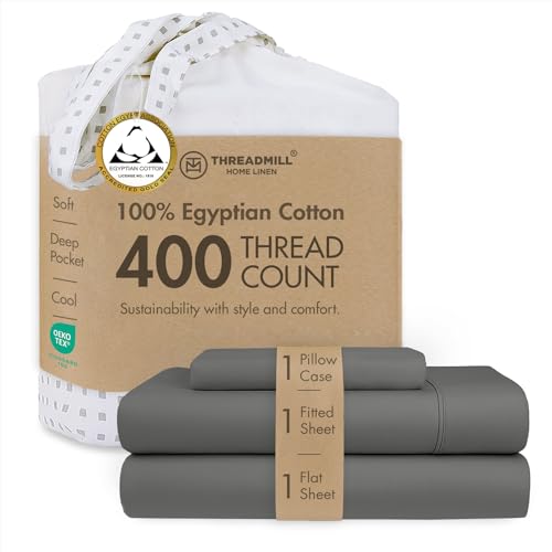 Threadmill Home Linen Certified 100% Egyptian Cotton 3 Piece Solid Sheet Set, 400 Thread Count Sateen Weave,Twin Size, ELS Combed Cotton, Smooth Dark Grey Sheets with Elasticized Deep Pocket