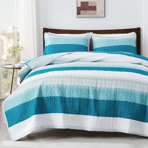 "Andency California King Quilt Set Teal White, 3 Pieces Bedspreads - Ultra Soft Lightweight Cal King Coverlets Set, Patchwork Striped Quilted Bedding Sets for All Seasons (112""x104"")"