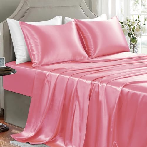 GOLAL Satin Sheets Queen Size - 4 Pieces Luxury Silky Soft Bed Sheets, Wrinkle-Free Pink Satin Silk Sheet Set with 1 Deep Pocket Fitted Sheet, 1 Flat Sheet, 2 Pillow Cases