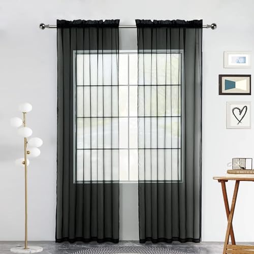 youleyar Solid Sheer Rod Pocket Curtain Voile Draperies 2 Panels White Beige Black Grey Coffee 52 Inch Width 84 Inch Long 1 Pair for Kitchen Bedroom Children Living Room Yard(Black,52W???84L)