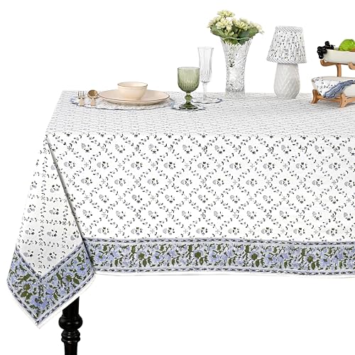 "Ridhi Powder Blue Hand Block Print Cotton Rectangle Tablecloth 118"" x 70"" inches Reusable Table Cover Decorative Everyday Use for Dining Room, Farmhouse, Home Gift for Spring, Mother's Day"
