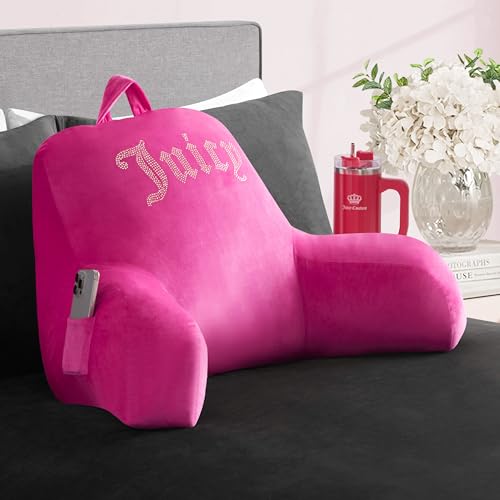 "Juicy Couture Velour Backrest Pillow with Rhinestone Juicy Logo - 30""x17"", Hot Pink Supportive Bed Rest Pillow for Reading, Gaming, or Relaxing"