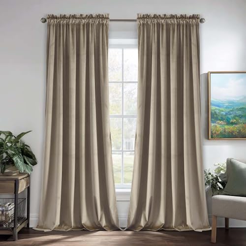 JIUZHEN Velvet Curtains & Drapes - Energy Efficiency Soft Window Curtains Blackout Curtains for Bedroom Living Room Backdrop Patio Door, 60 Width x 96 inch Length, 2 Panels,Taupe