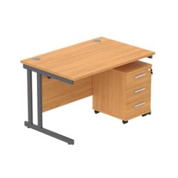 Office Hippo Heavy Duty Contract Grade Office Desk Workstation and Lockable 3-Drawer Pedestal Set, 120kg Weight Tolerance, 5-Year Warranty, FSC Certified, Norwegian Beech, Graphite Legs, 1200 x 800mm
