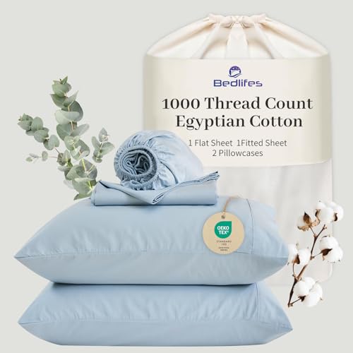 "Bedlifes Egyptian Cotton Sheets 1000 Thread Count Queen Size, 4-Piece 16"" Deep Pocket - Cooling & Breathable Ultra Soft Bedding for Hotel Comfort (Light Blue)"