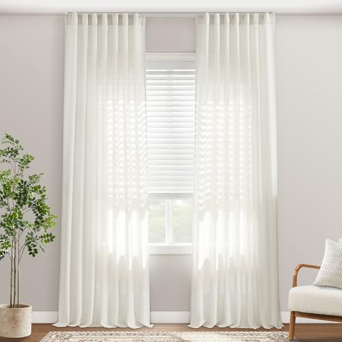PANELSBURG Modern Pleated Natural Beautiful Linen Curtains with Hooks,Floor to High Ceiling Track for Pleat Sheer Linen 108 Inch Curtains Drapes with Hooks,9FT,Ivory