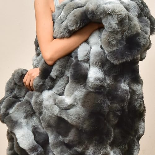 "PHF Luxury Faux Rabbit Fur Blanket Twin Size, Ultra Soft Fluffy Plush Cozy Warm Bubble Blanket for Bed, Couch, Sofa Decorative, Thick Reversible Suitable for Fall & Winter, 60"" x 80"", Tie Dye Charcoal"