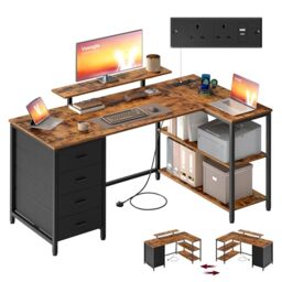 VASAGLE L Shaped Corner Desk with Power Outlets, Computer Gaming Desk with Storage, Reversible Layout, Adjustable Shelves, 4 Drawers, 2 USB Ports, Home Office, 140 x 80 cm, Rustic Brown LWD172KD02