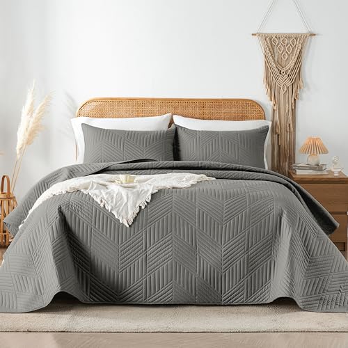Davulos Queen Quilt Bedding Set,Dark Grey Ultrasonic Full/Queen Quilt Set Reversible Microfiber Bedspread,Lightweight Soft Modern Geometric Coverlet Set for All Seasons(1 Quilt,2 Pillow Shams)