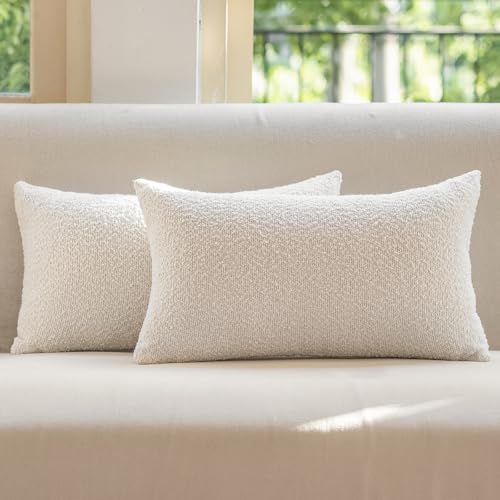 GEEORY Decorative Throw Pillow Covers 12x20 Inch Pack of 2,Textured Boucle Neutral Lumbar Cushion Cases for Bed Couch Sofa, Accent Accent Mordern Farmhouse & Minimalist Home Decor (White) GE01-12