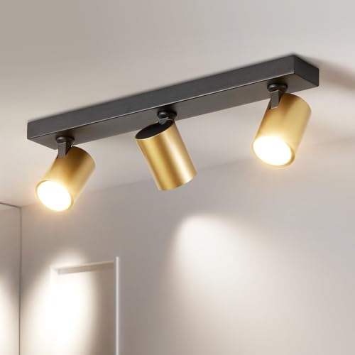HARPER LIVING 3-Way Adjustable Ceiling Spotlights, GU10 Track Lighting Kit with 350° Rotatable Heads, Matt Black & Gold Finish - Modern Ceiling Lamp for UK Homes, Kitchen, Bedroom, Hallway (45cm)