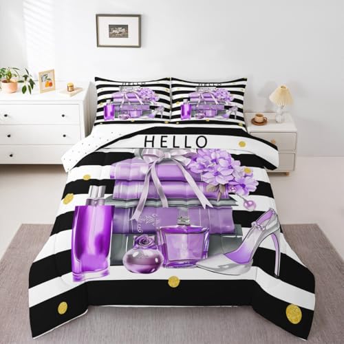 Erosebridal Black and Purple Comforter King Size Fashion Black White Girly Bedding Set for Girl Women Modern Flower Floral Perfume Striped Duvet Insert High Heels Magazine Books Bed Sets
