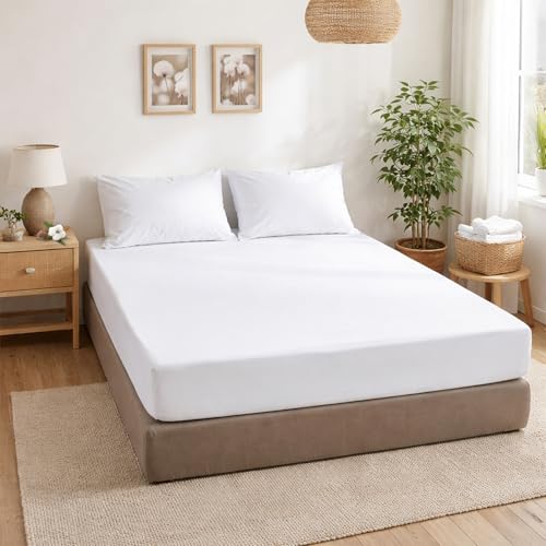ECOMMERC3 - Fitted Sheet for 105cm Bed Adjustable 100% Cotton Soft, Breathable and Fitted Sheet White for Mattresses up to 30 cm High