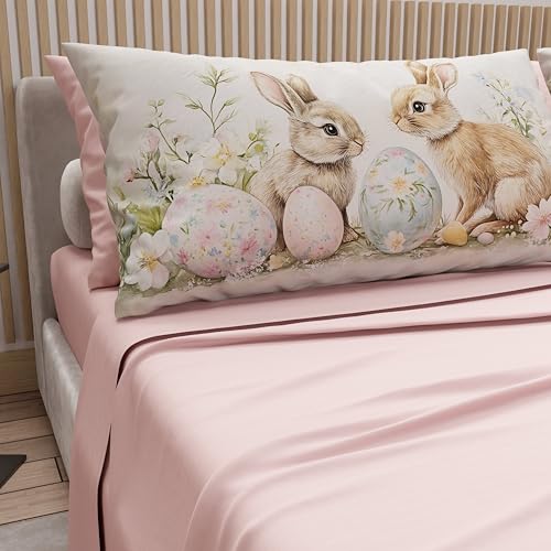 PETTI Artigiani Italiani - Easter Cotton Sheets with Pillowcases in Digital Print, Double Maxi, Complete Top and Bottom Sheet with Corners, 25 Powder, Made in Italy