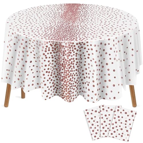VitalCozy Round Dot Tablecloth 84 Inch Plastic Table Cover Polka Dot Confetti Tablecloths for Easter 2026 Graduation Prom Wedding Birthday Spring Party Supplies(White and Rose Gold,3 Pcs)